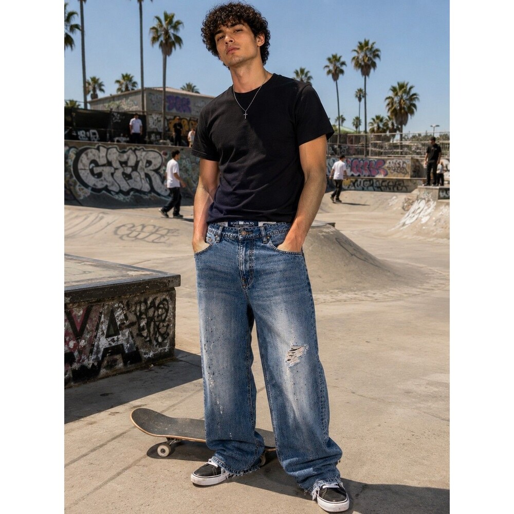 Ecko Unltd Baggy Fit Jeans Mens 32 Blue Distressed Y2K Hip Hop Wide Leg Denim